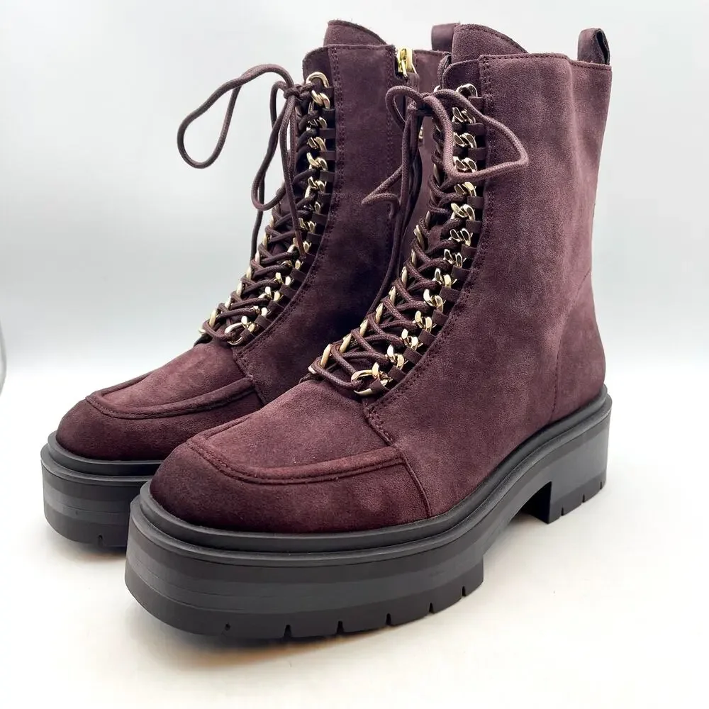 Sam Edelman Womens Lovrin Platform Combat Boots Size 8 Red Burgundy Suede NWOB